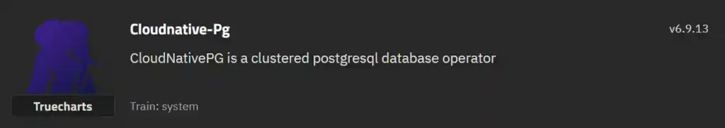 The TrueCharts logo precedes text detailing 'Cloudnative-Pg', version 6.9.13, described as a clustered PostgreSQL database operator, all against a dark background.