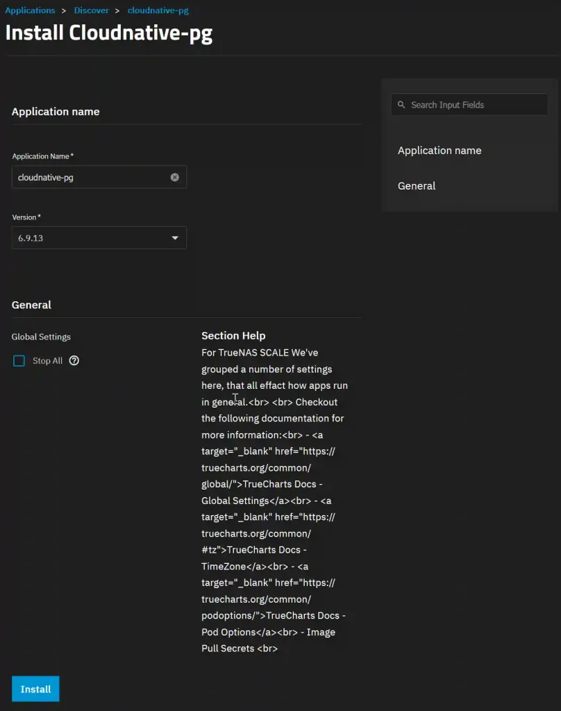 Screenshot of the 'Install Cloudnative-pg' interface in TrueNAS SCALE, featuring fields for application name and version selection, with additional links to documentation for global settings, timezone, and pod options.