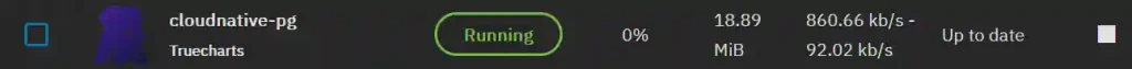 Dashboard status display showing 'cloudnative-pg' application from Truecharts running, with usage statistics indicating 18.89 MiB of memory and network speeds of 860.66 kb/s download and 92.02 kb/s upload, denoted as up to date.