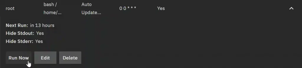 An expanded view of a Cron Job configuration for the root user with additional details including the next run time, output settings, and options to Run Now, Edit, or Delete the job.