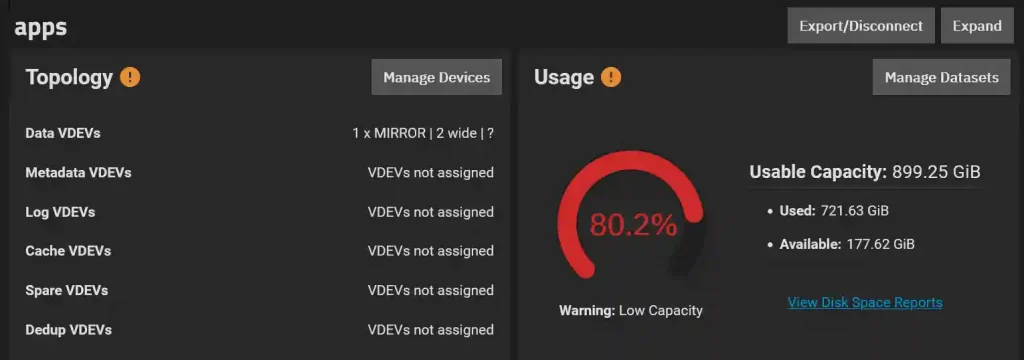 A dashboard display featuring sections titled 'Topology' and 'Usage' with warning indicators. The 'Topology' section lists types of VDEVs, with only 'Data VDEVs' having an entry of '1 x MIRROR | 2 wide ?'. All other VDEV types are not assigned. The 'Usage' section shows a gauge at 80.2% capacity, with details including a usable capacity of 899.25 GiB, 721.63 GiB used, and 177.62 GiB available, accompanied by a 'Warning: Low Capacity' alert.