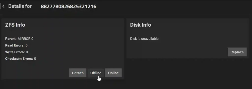 A computer interface displaying ZFS and disk information. The left section, titled 'ZFS Info,' lists 'Parent: MIRROR-0' with zero read, write, and checksum errors. Three buttons labeled 'Detach,' 'Offline,' and 'Online' are at the bottom. The right section, titled 'Disk Info,' states 'Disk is unavailable' with a 'Replace' button at the bottom.