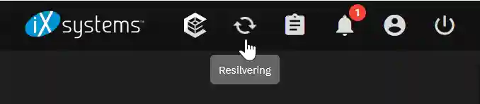 A computer interface displaying a notification bar with various icons including a system logo, settings, and alert notifications. A cursor hovers over a button labeled "Resilvering".