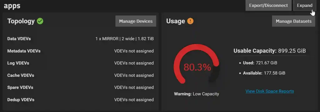 A dashboard interface showing storage device status, with sections labeled 'Topology' showing a green check mark, and 'Usage' with an exclamation mark indicating 80.3% capacity used.