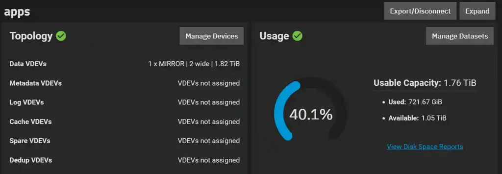 A user interface displaying storage system status, with sections for "Topology" showing a green checkmark and indicating "Data VDEVs: 1 x MIRROR | 2 wide | 1.82 TiB," other VDEVs listed as not assigned. Another section titled "Usage" with a green checkmark shows a circular gauge filled to 40.1%, and text detailing "Usable Capacity: 1.76 TiB," "Used: 721.67 GiB," and "Available: 1.05 TiB."