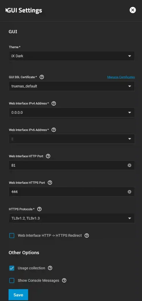 Screenshot of a graphical user interface for configuring GUI settings, including theme selection, SSL certificate management, IP addresses, HTTP and HTTPS ports, and TLS protocols.