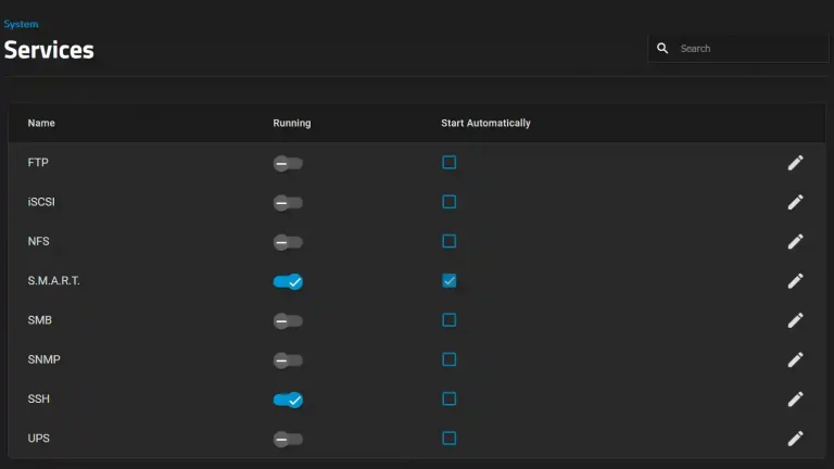 Screenshot of the 'Services' section within a system configuration interface showing various services with toggles for 'Running' and 'Start Automatically'.