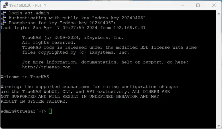 A PuTTY terminal window showing a successful login as admin to a TrueNAS server, with a warning about supported mechanisms for making configuration changes.