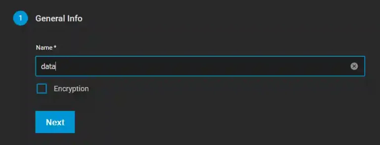 A configuration screen with a 'General Info' section where 'data' is entered as the name in an input field and an unchecked encryption option, followed by a 'Next' button.