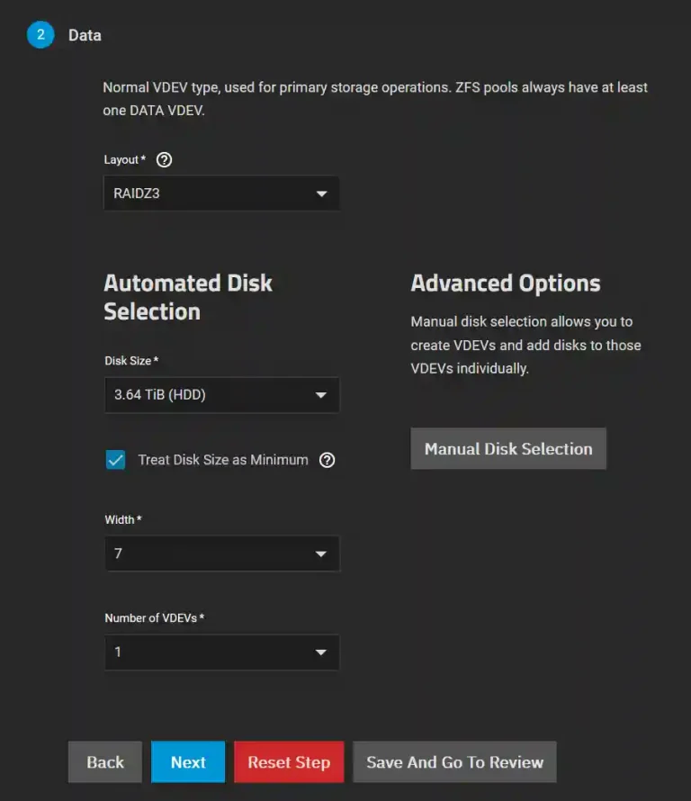 Step two of a storage configuration process showing options for 'Data' with RAIDZ3 layout selected, disk size specifications, and a button for 'Manual Disk Selection'