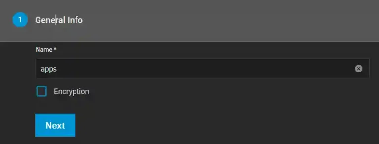 The first step in a configuration sequence showing 'General Info' with 'apps' entered as the pool name, an unchecked encryption option, and a blue 'Next' button.