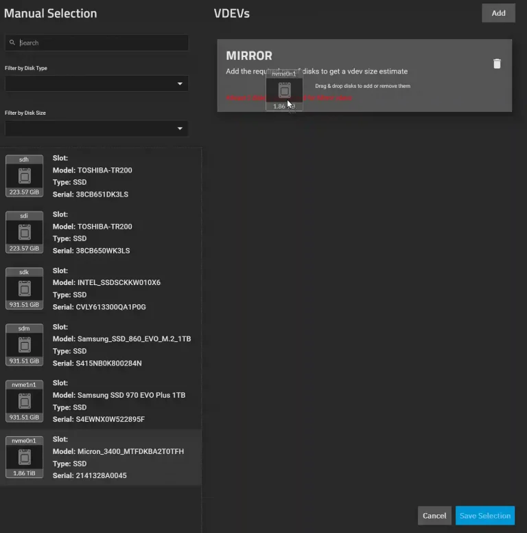 A manual selection interface for configuring VDEVs in a storage system, showing a list of SSDs by model and serial number, and a MIRROR VDEV configuration panel.