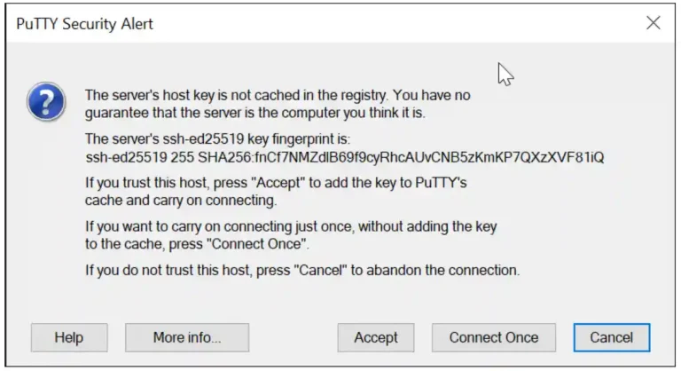 Security alert dialog from PuTTY indicating that the server's host key is not in the registry, with options to accept, connect once, or cancel the connection.