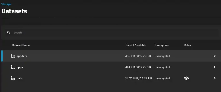 A user interface displaying a list of datasets named 'appdata', 'apps', and 'data', with their used and available space, and all marked as unencrypted.