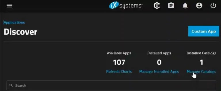 An application discovery interface showing the number of available apps at 107, no installed apps, one installed catalog, and options to refresh charts, manage apps, and manage catalogs.