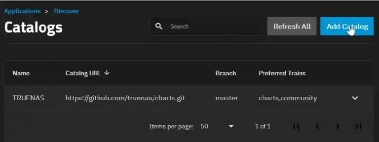 A catalog management interface listing a single catalog named 'TRUENAS' with its GitHub URL, master branch, and preferred trains, with options to refresh or add catalogs.