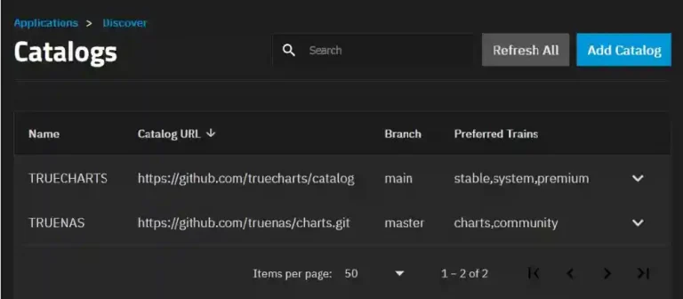 A catalog management screen displaying two entries, 'TRUECHARTS' and 'TRUENAS', with their respective GitHub URLs, branches, and preferred trains.