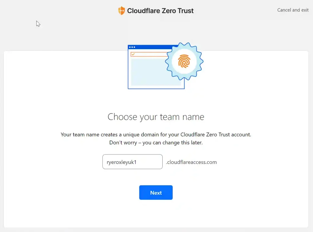 A setup screen for Cloudflare Zero Trust with a field to choose a team name, showing an example domain name 'ryeroxleyuk1.cloudflareaccess.com'.