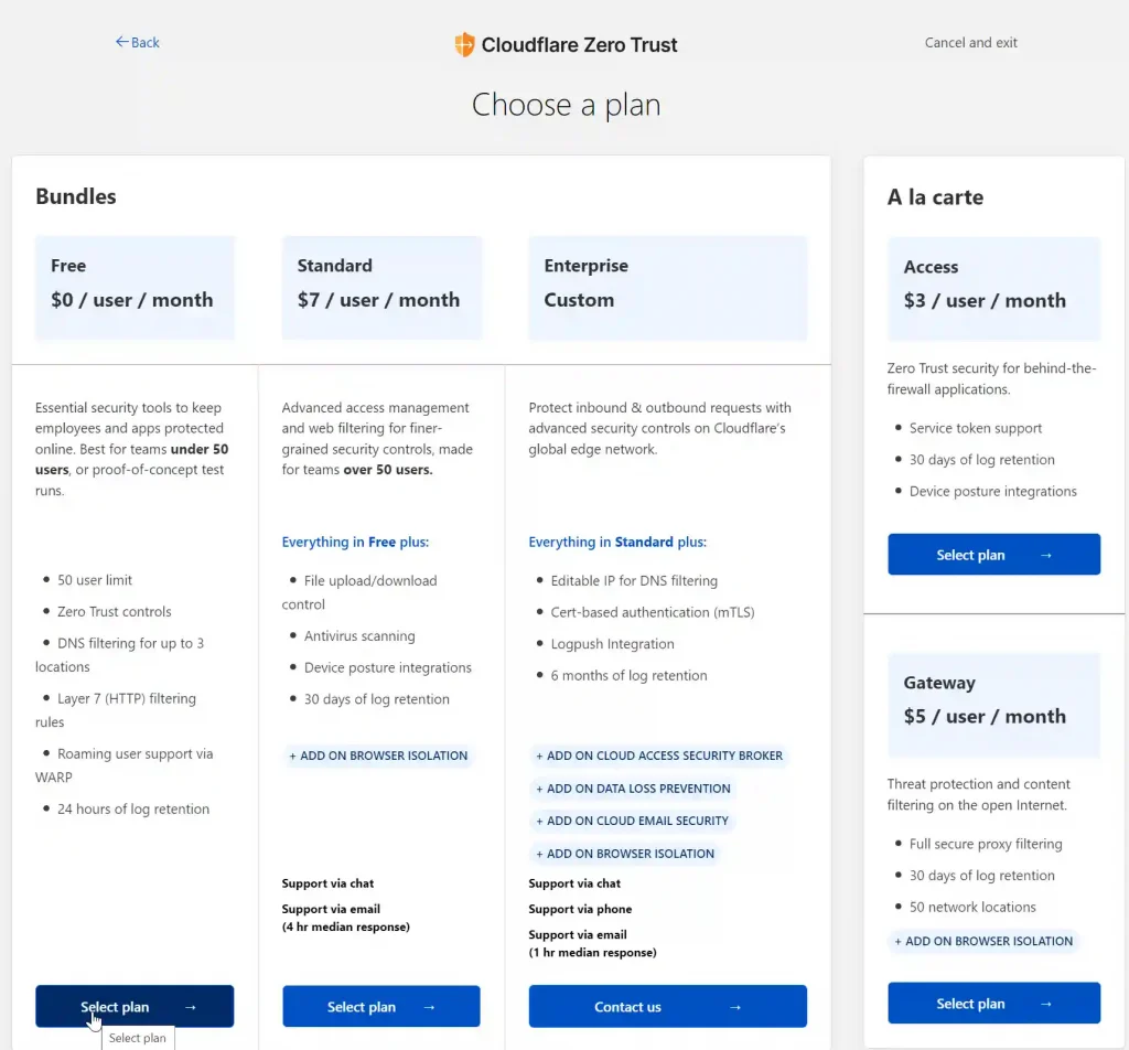 A pricing and plans selection screen for Cloudflare Zero Trust, featuring various bundles and 'A la carte' options with features and support details for each plan.