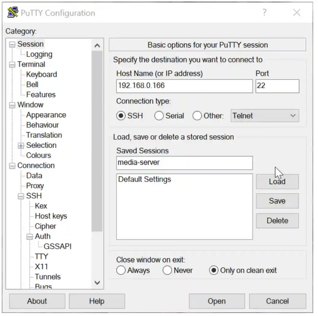 Screenshot of the PuTTY Configuration window with a saved session named 'media-server' ready to initiate an SSH connection.