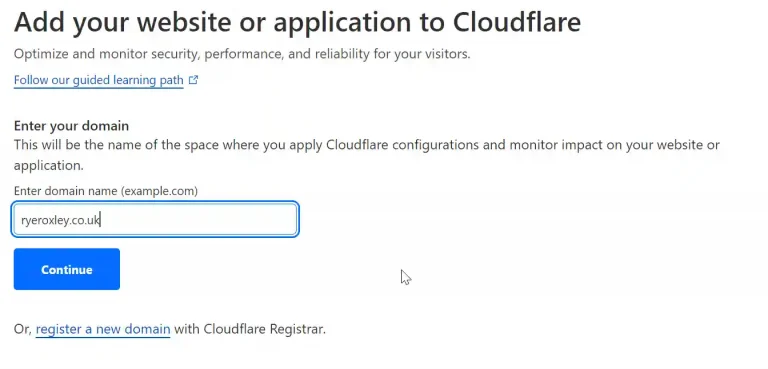 A user interface for adding a website or application to Cloudflare, with a domain entry field filled in as 'ryeroxley.co.uk' and a 'Continue' button.
