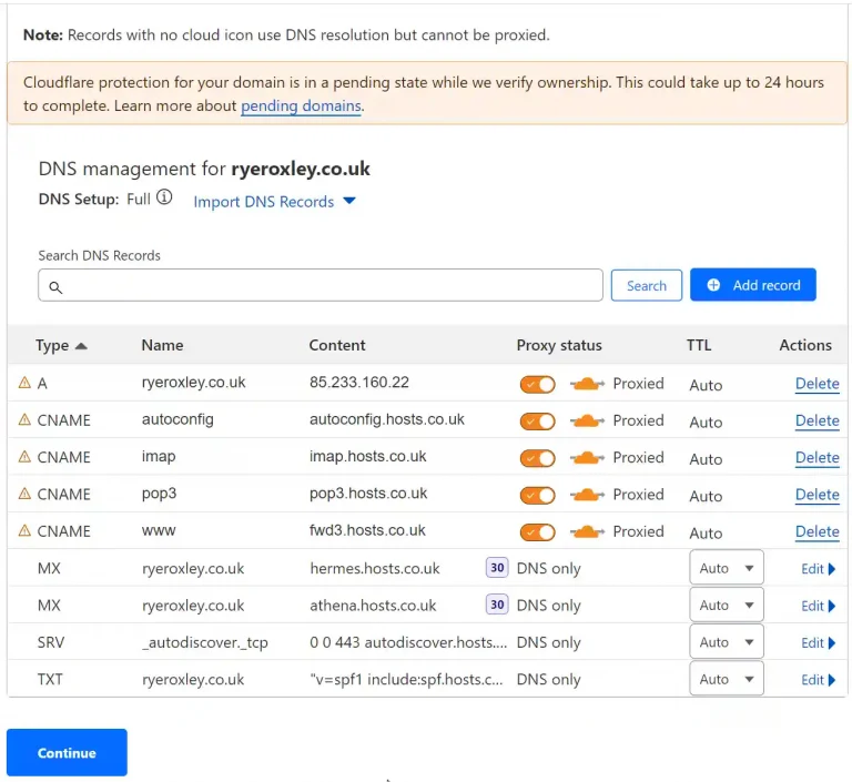 Cloudflare DNS management interface for ryeroxley.co.uk, showing DNS records with types A, CNAME, MX, SRV, TXT, their contents, proxy status, and TTL settings.