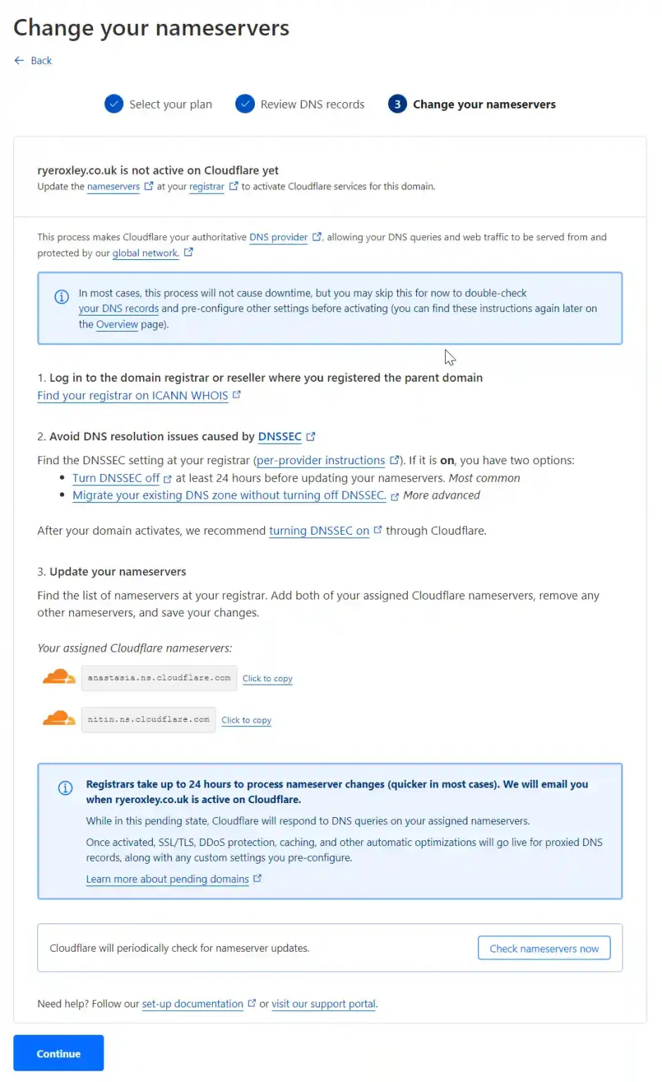 A Cloudflare setup page instructing to change nameservers for the domain ryeroxley.co.uk, with steps provided and assigned Cloudflare nameservers listed.