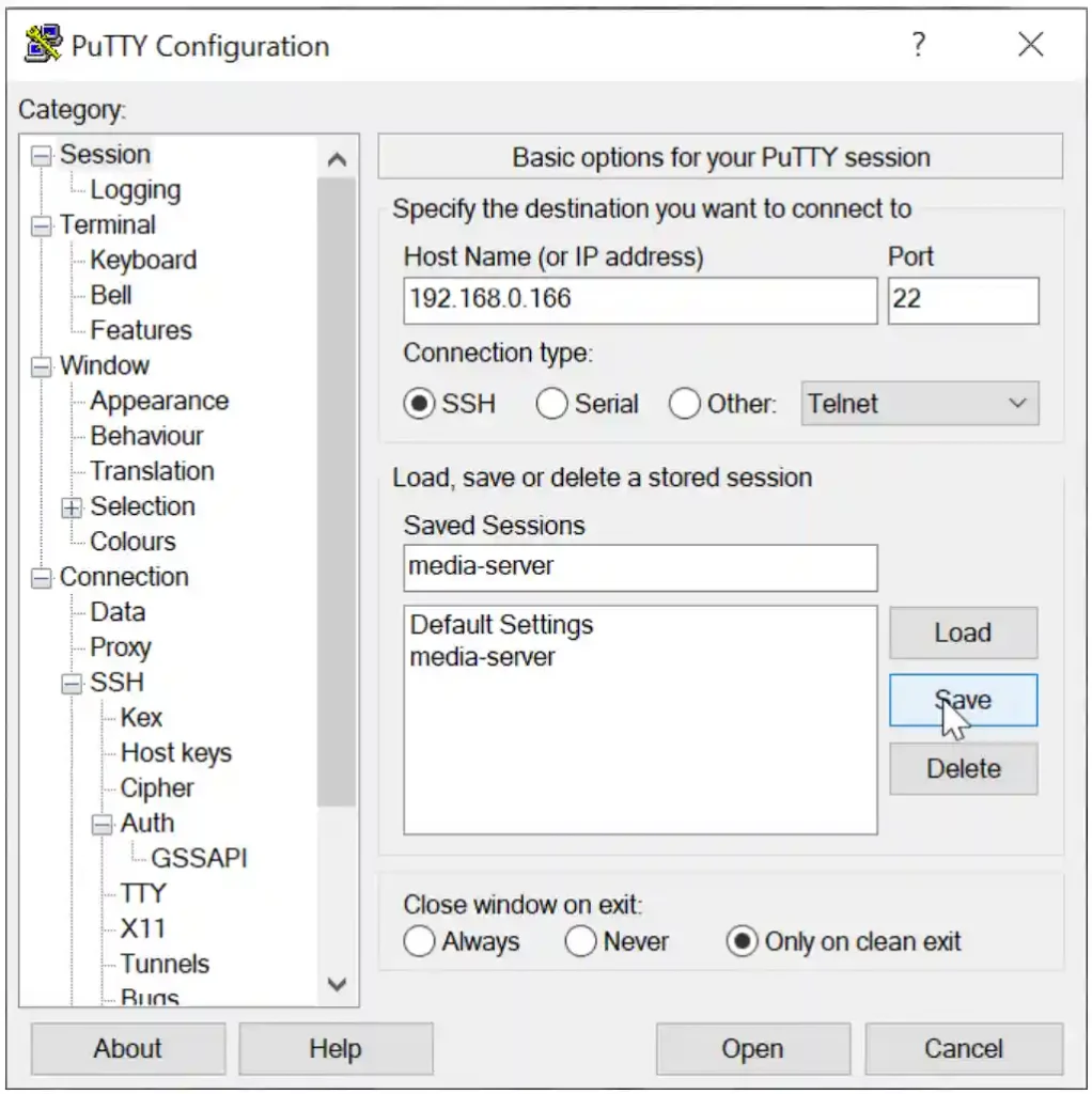 The PuTTY Configuration dialog is open with details for a saved session titled 'media-server', prepared to establish an SSH connection to the host with IP address 192.168.0.166.