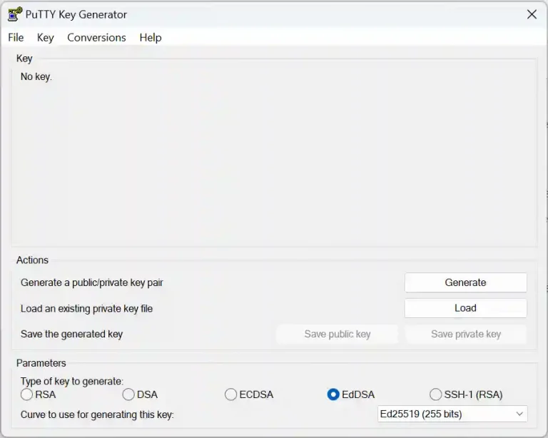 A PuTTY Key Generator window is open with options to generate a new key pair, load an existing private key, or save keys. The selected key type is EdDSA (Ed25519, 255 bits).