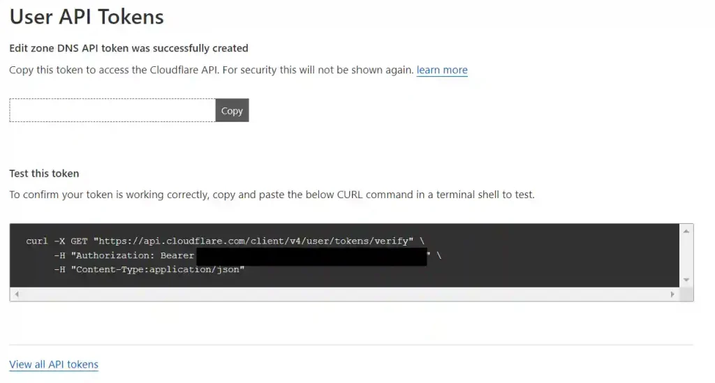 A confirmation screen showing that an 'Edit zone DNS' API token was successfully created on Cloudflare, with an obscured token displayed and a button to copy it. Instructions are provided to test the token using a CURL command in a terminal.