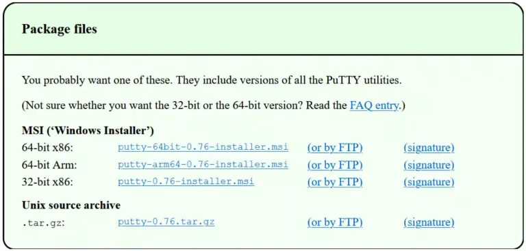 Web page listing download links for PuTTY installation packages, including 64-bit x86, 64-bit Arm, 32-bit x86 versions, and a Unix source archive.