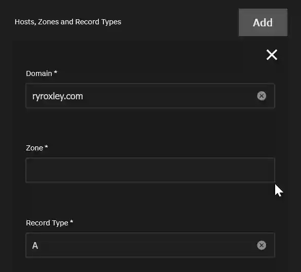 Screenshot of a configuration window for DNS settings with fields for entering the 'Domain', 'Zone', and 'Record Type'. The 'Domain' is filled with 'ryroxley.com', and 'Record Type' is set to 'A', indicating an A record setup in DNS management.