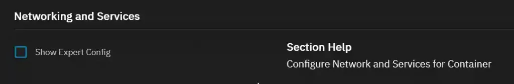 A cropped section of a software interface highlighting the 'Networking and Services' header and a 'Show Expert Config' toggle, next to a 'Section Help' prompt for configuring network and services for containers.