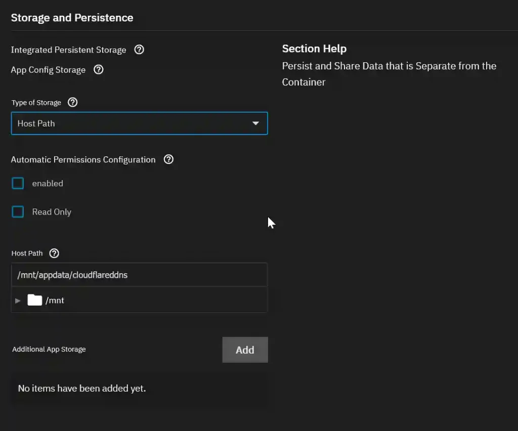 A configuration panel titled 'Storage and Persistence' featuring options for 'Integrated Persistent Storage' and 'App Config Storage', with dropdowns and toggles for permissions