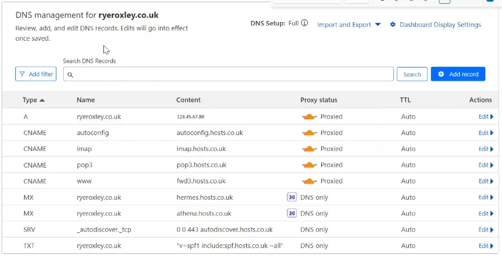 A web interface showing DNS management settings for the domain ryeroxley.co.uk, including records for A, CNAME, MX, SRV, and TXT, with options to edit each and indicators for proxy status.