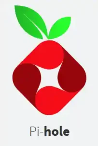 A logo featuring an abstract red apple with a looping design and green leaves at the top, with "Pi-hole" written in grey below it.