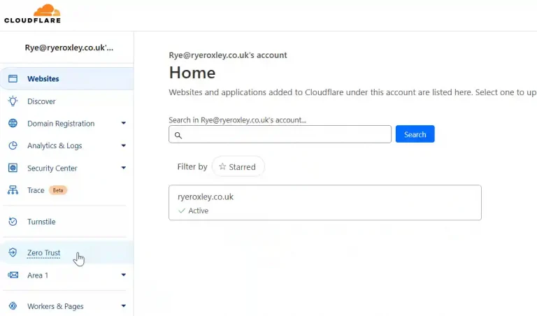 Screenshot of a Cloudflare account dashboard for 'Rye@ryeroxley.co.uk' showing an active domain 'ryeroxley.co.uk' under the 'Home' section, with menu options like Websites, Analytics, Security Center, and Zero Trust.