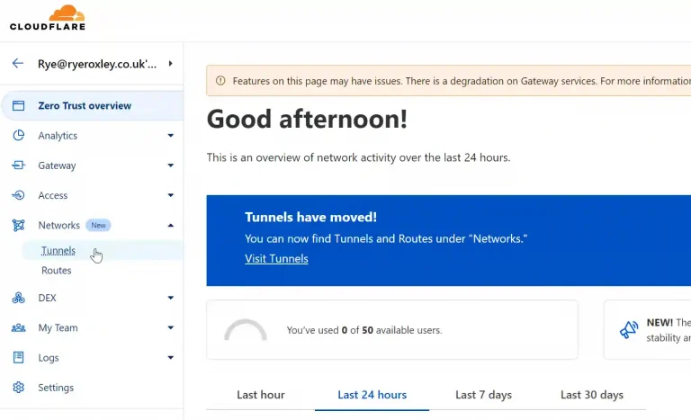 Cloudflare dashboard screen displaying a 'Good afternoon!' greeting, a notification about Tunnels moving to the 'Networks' section, and a usage gauge showing 0 of 50 available users with time filters for network activity.