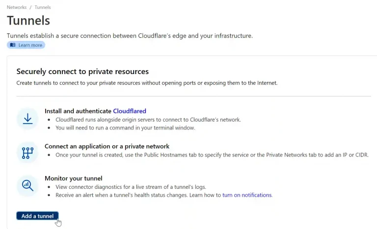 Cloudflare Tunnels setup page explaining how to securely connect to private resources, with steps to install Cloudflared, connect an application or private network, and monitor the tunnel, plus a button to 'Add a tunnel'.