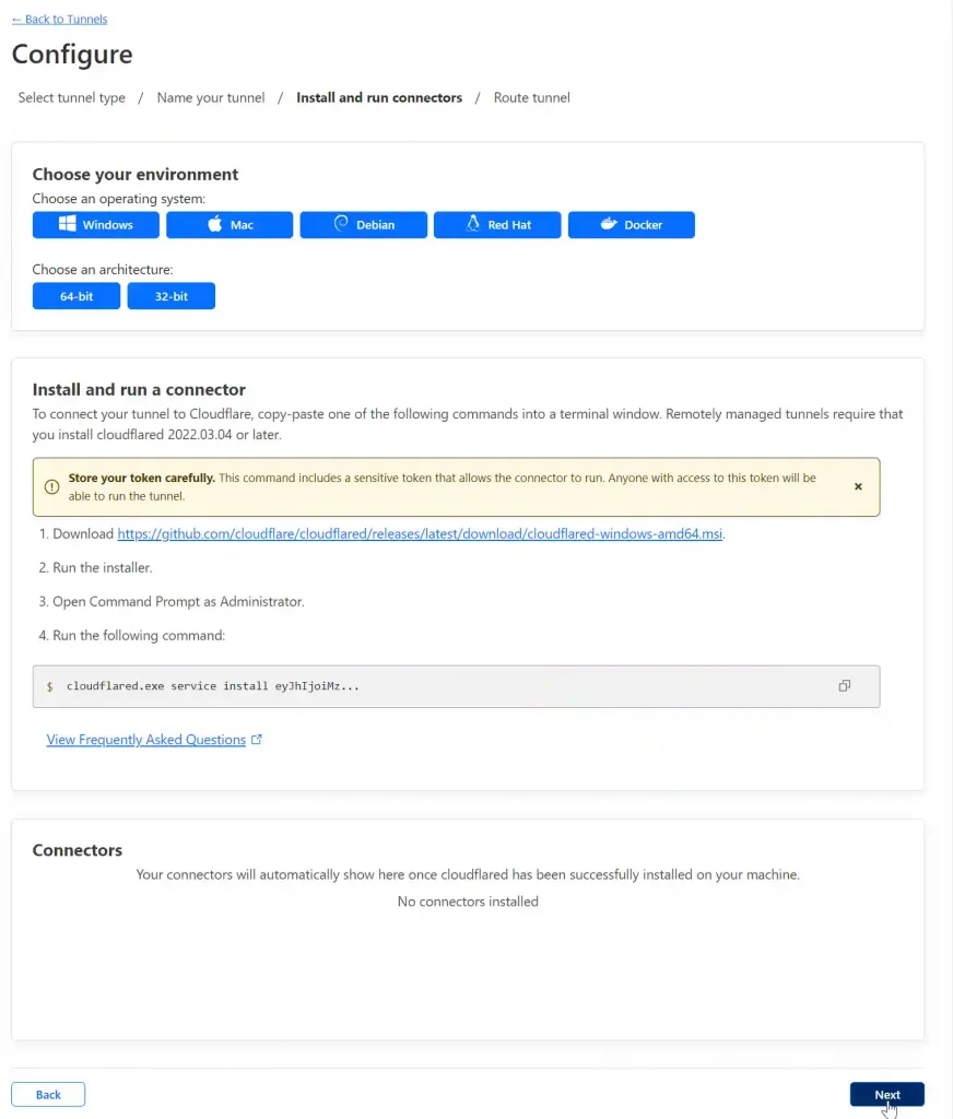 Step-by-step instructions for installing and running a connector for Cloudflare tunnels on various operating systems, with a warning to carefully store a sensitive token.