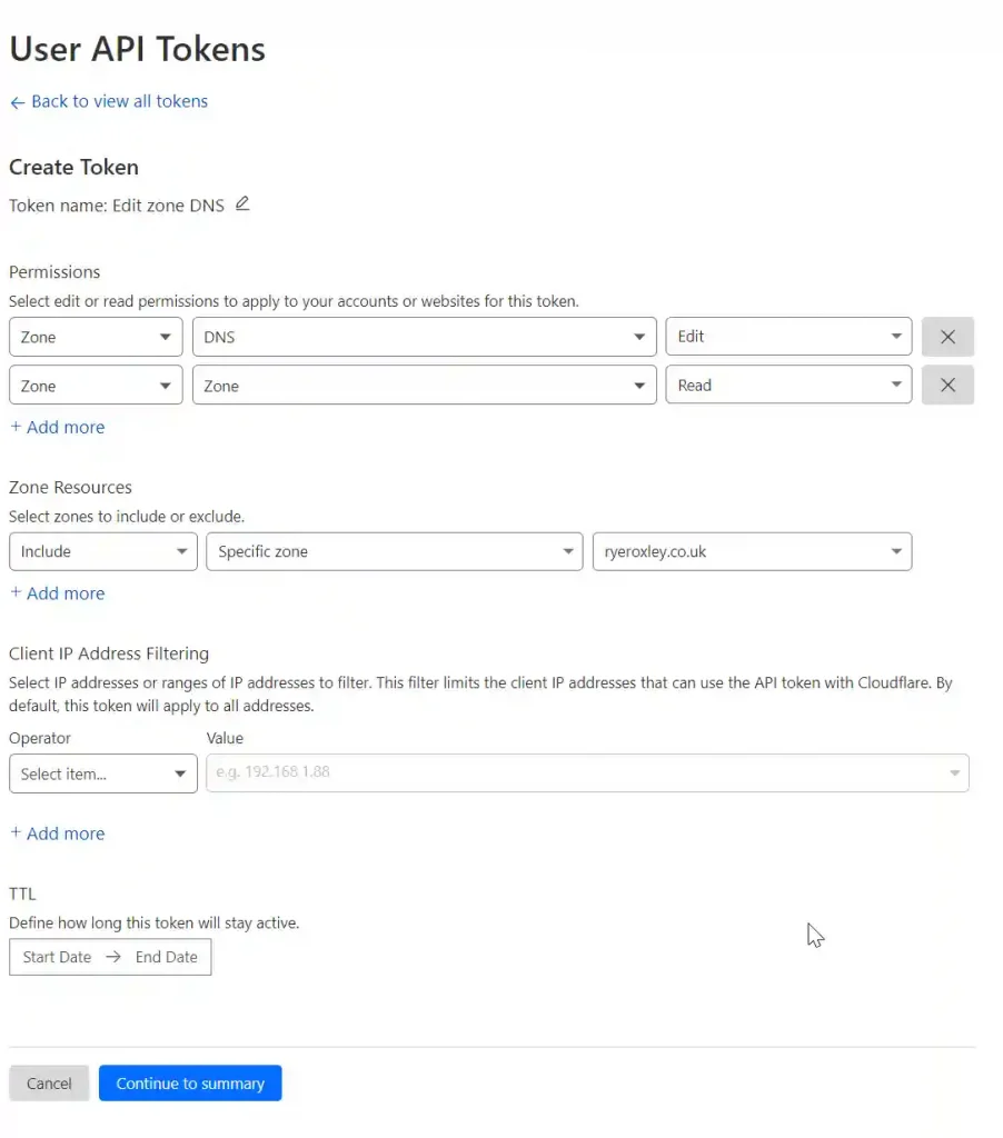 A screenshot of the "Create Token" section in a user API tokens interface, showing various fields for token name, permissions, zone resources, client IP address filtering, and TTL settings.