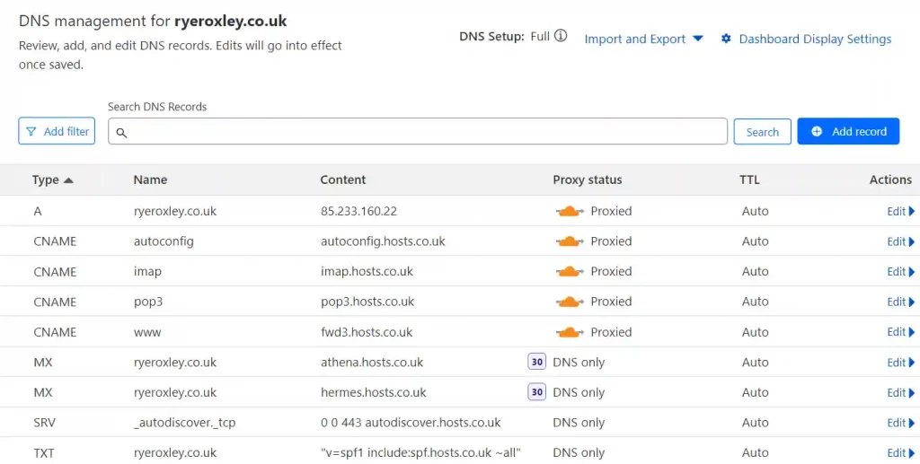 Screenshot of a DNS management interface showing various records for the domain ryeroxley.co.uk, including A, CNAME, MX, SRV, and TXT types with details on proxy status, content, and TTL.