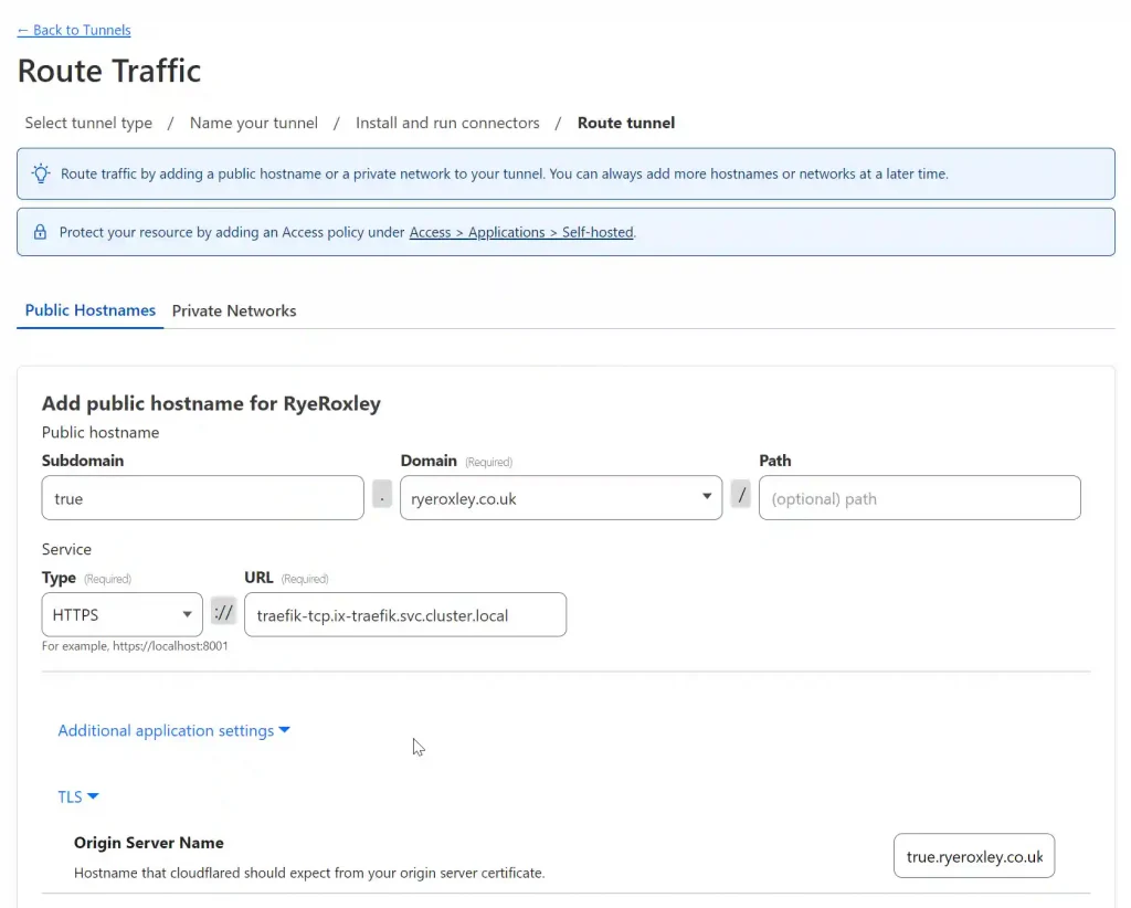 Screenshot of a web interface for configuring a public hostname under the "Route Traffic" section of a tunnel management system. The form fields include options for subdomain, domain, service type, URL, path, and additional settings related to TLS and origin server name.