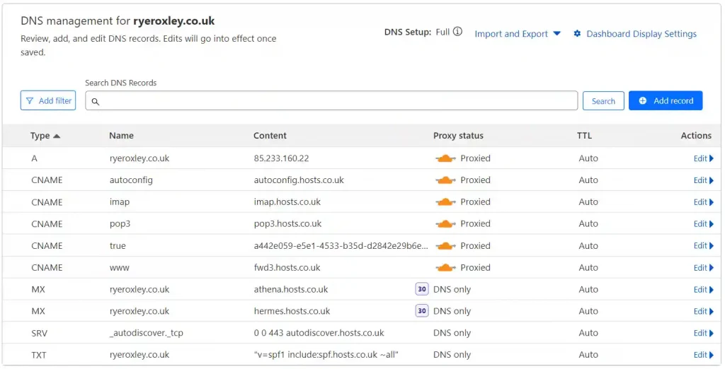 Screenshot of the DNS management interface for the domain ryeroxley.co.uk, showing various DNS records including A, CNAME, MX, SRV, and TXT types with details on name, content, proxy status, and TTL.