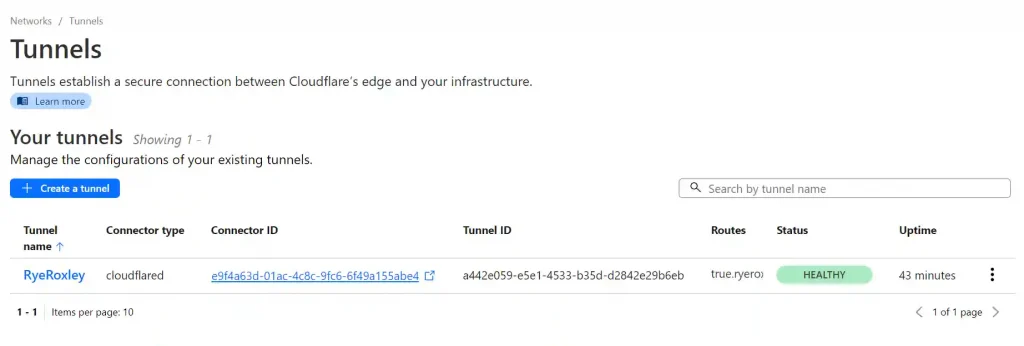 Screenshot of a web interface for managing network tunnels on Cloudflare, displaying a table with one active tunnel named "RyeRoxley". The table includes columns for Tunnel name, Connector type, Connector ID, Tunnel ID, Routes, Status, and Uptime, with the status showing as "HEALTHY" and uptime of 43 minutes.