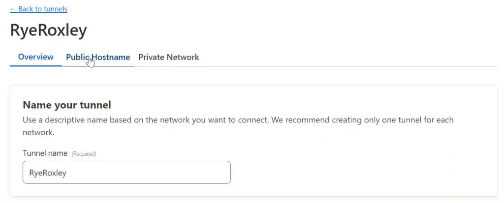 A computer screen displaying the "RyeRoxley" network configuration interface, with tabs labeled Overview, Public Hostname, and Private Network. A section titled "Name your tunnel" prompts for a descriptive tunnel name, with "RyeRoxley" already entered in the field.