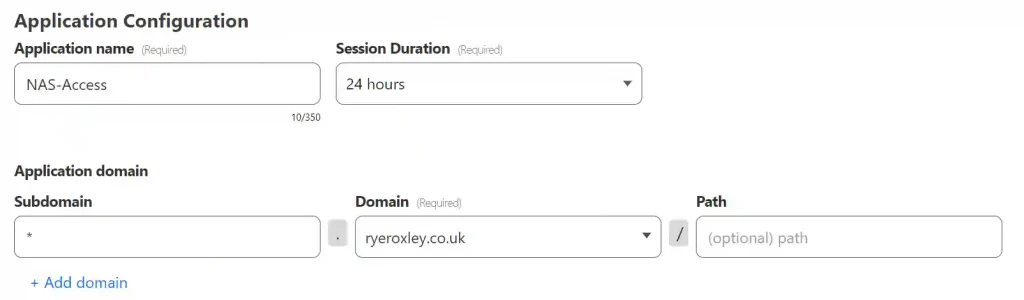 A screenshot of an "Application Configuration" interface with fields for entering the application name, which is pre-filled as "NAS-Access", the session duration set to "24 hours", and the domain "ryeroxley.co.uk". Additional options include adding a domain and specifying a subdomain and path.