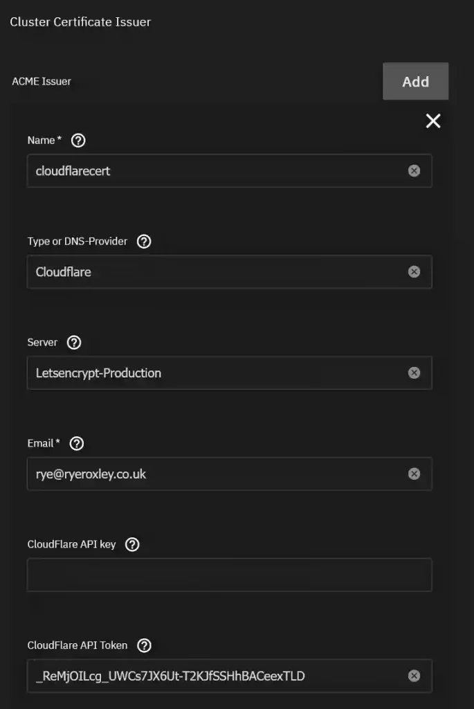 A digital interface for configuring a cluster certificate issuer with fields labeled Name, Type or DNS-Provider, Server, Email, CloudFlare API Key, and CloudFlare API Token, filled with specific data.