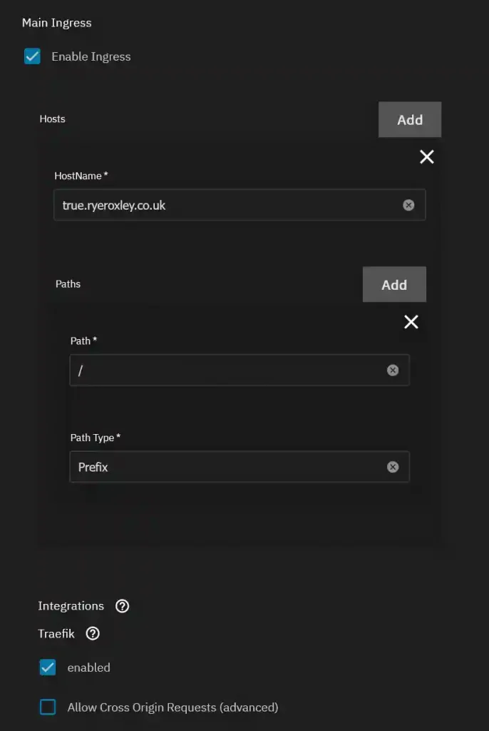 A screenshot of a software interface for configuring network ingress settings. The interface shows an "Enable Ingress" toggle switched on, fields for entering host name and path with the host name 'true.ryeroxley.co.uk' and path '/' set to 'Prefix' type. Additional sections for Traefik integration with enabled status and an option to allow cross-origin requests are also visible.