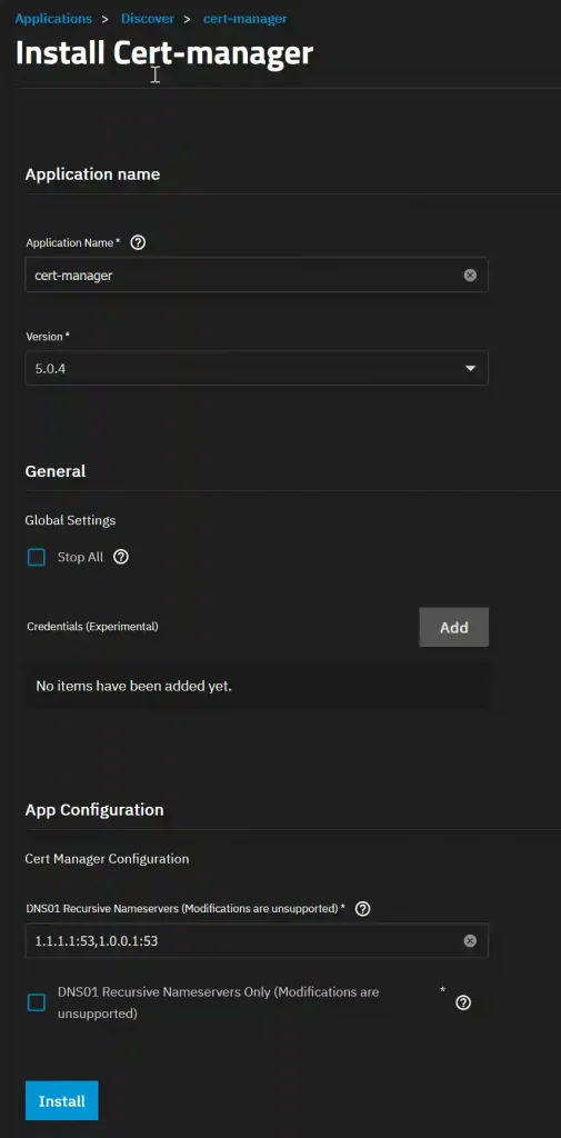 A screenshot of a web interface for installing the application "cert-manager" with fields for application name, version, general settings including a global "Stop All" option, credentials, and DNS recursive nameservers configurations.